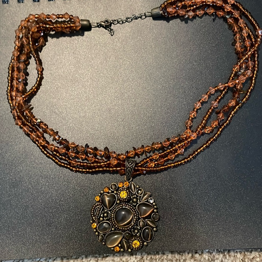 Tiger Eye Brown Gemstone Pendant with Beaded Necklace